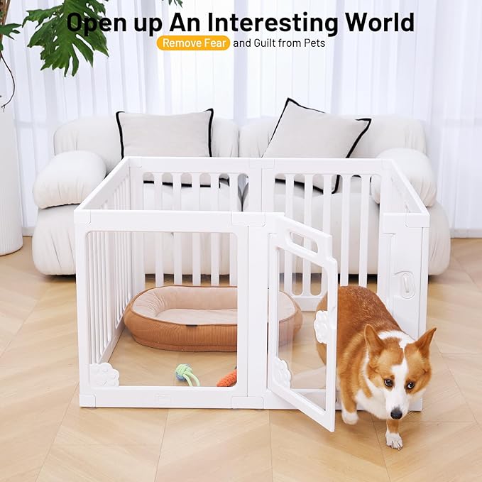 Dog Fence Pet Playpen Clear Acrylic Puppy Cat Small Play Pen Indoor Foldable Kennel Whelping Box for Dogs with Gate (5 Plastic Panels+3 Transparent Panels)