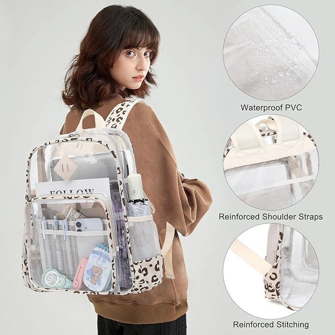 Clear Backpack for Girls Women School Bookbag Heavy Duty Transparent Backpacks (Beige Corduroy Leopard)