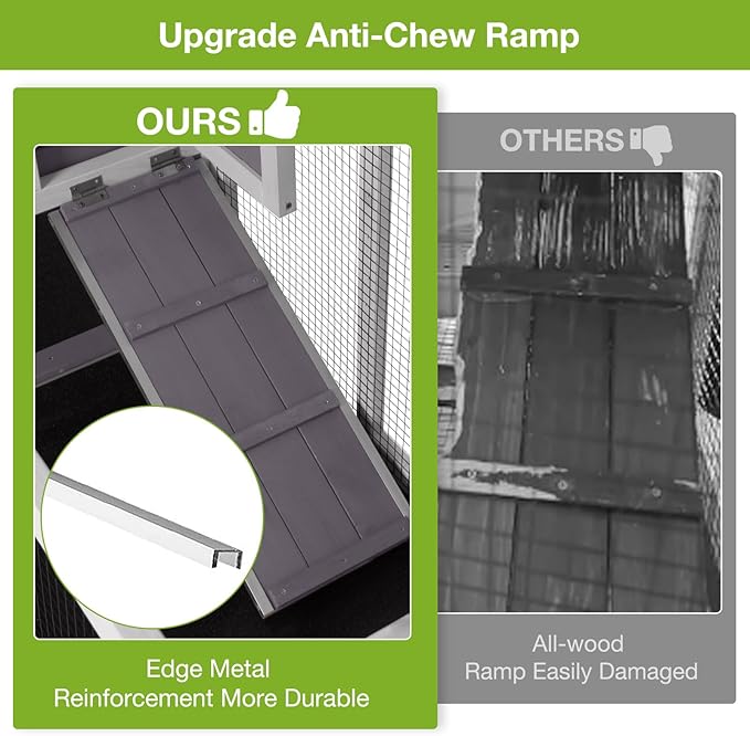 Large Rabbit Hutch Indoor Outdoor, Wooden Rabbit Cage with Wheels, 62'' Mobile Bunny Cage with Chew-Proof Ramp, Pull-Out Tray, Waterproof Roof, Guinea Pig Habitat (Grey)