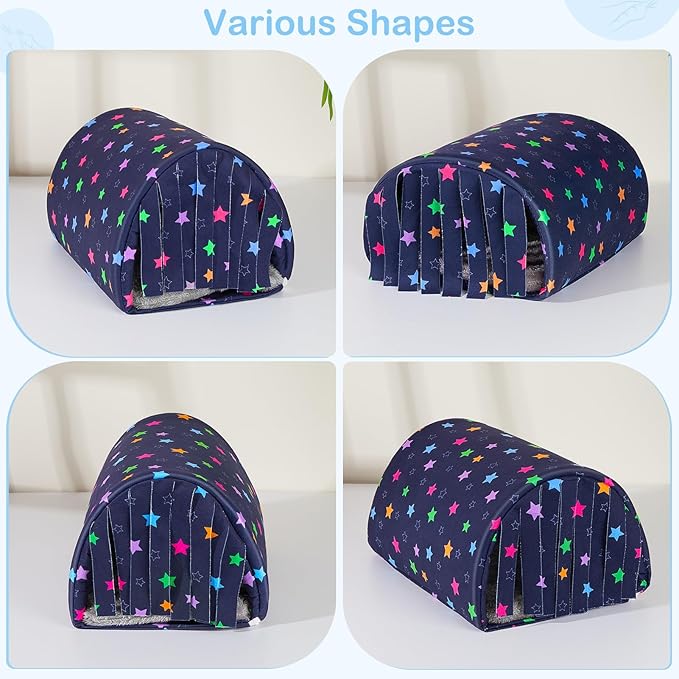 Glittme Guinea Pig Hideout with Curtain and Tunnel - Soft Bed with Cushion - Suitable for Guinea Pig, Hamster, Chinchilla, Bunny - Blue Stars