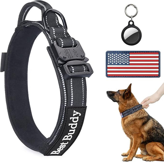 AUBELL Reflective Tactical Dog Collar,Adjustable Military Heavy Duty K9 Collars with Handle and Quick Release Metal Buckle Great for Medium Dogs, with Airtag Case and 2 Patches (Black,M)