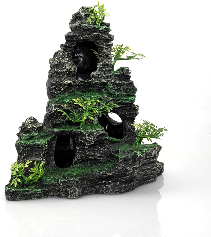 Aquarium Mountain View Stone Ornament, Large Resin Hideout Cave for Betta & Shrimp, Fish Tank Decor Rock Cave with Fish Cave and Hideouts (11.02" x 6.69" x 9.84")