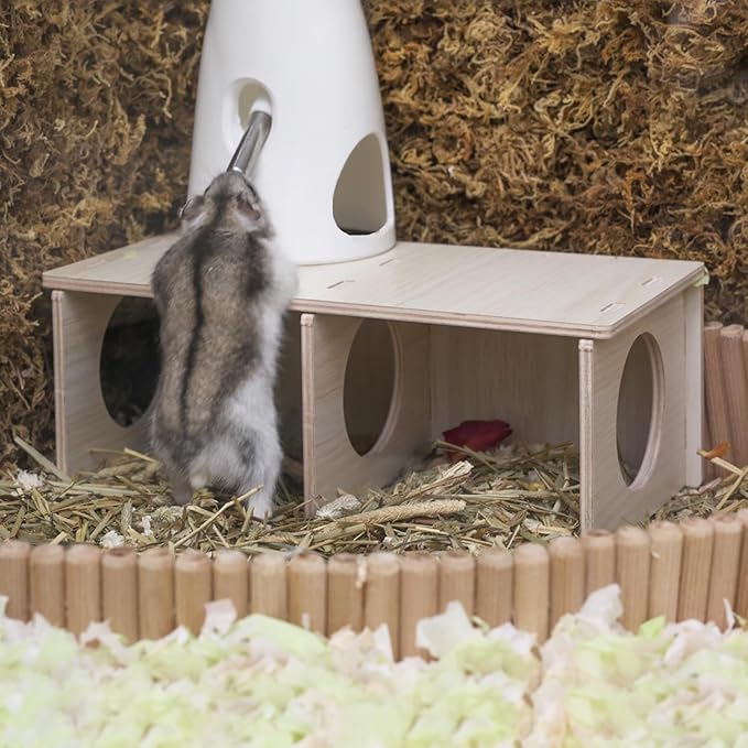 Hamster Peep Tunnel, 2-Chamber Wooden Hamster Hideout, Water-Resistant Platform for Dwarf Hamsters and Small Pets, 8.3" x 4.3" x 3.1"