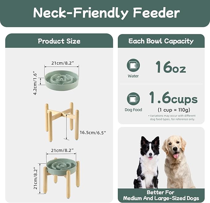 Havniva Ceramic 1.6 Cup Raised Slow Feeder Dog Bowl Set, Elevated Wooden Stand for Medium and Large Dog, 8.2inch Puzzle Slow Dish, Anti-Gulping(Light Green, Single Bowl+ Stand)