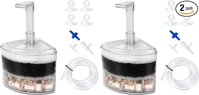 AQUANEAT Aquarium Air Driven Corner Sponge Filter for Nano Fish Tank with Tubing, Valves and Suction Cups, up to 20 Gallon (Pack of 2)