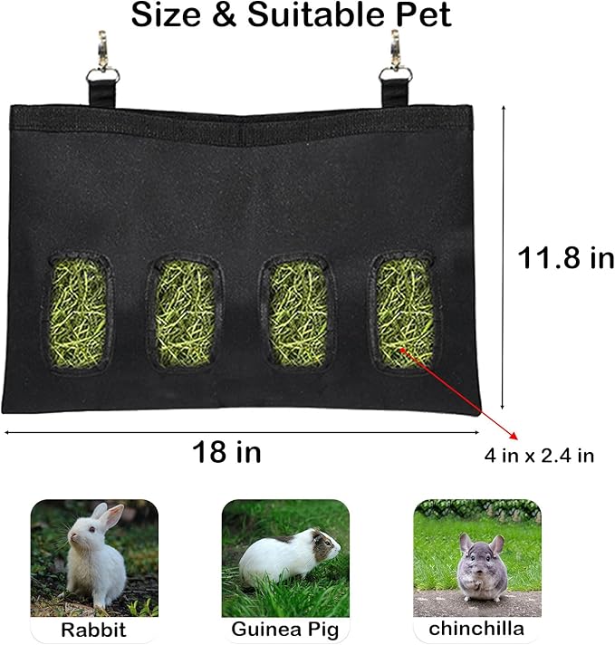 Rabbit Hay Feeder - Large Capacity Oxford Cloth Hanging Hay Bag - 4 Holes - 1 Pcs (Black)