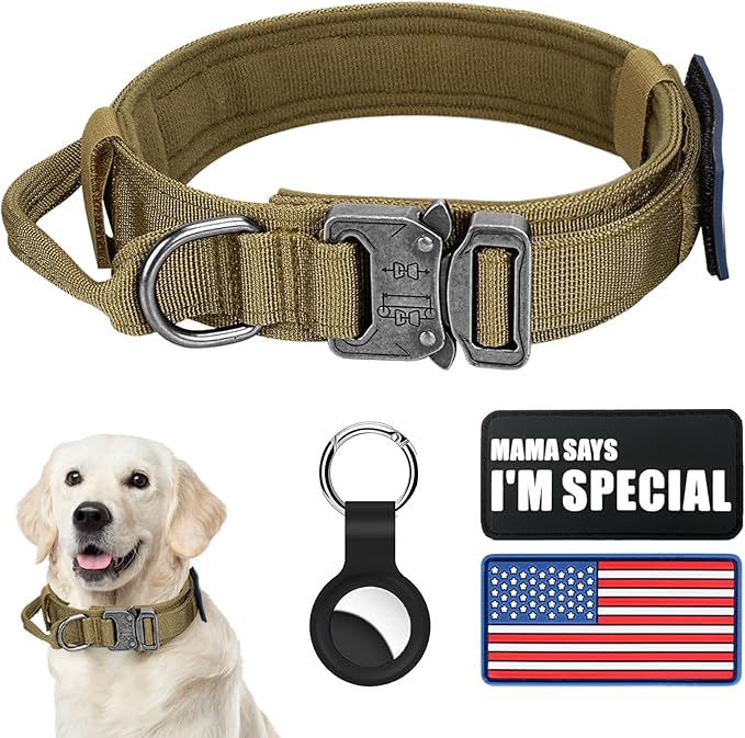 Celifelight Tactical Dog Collar, Adjustable Nylon, Heavy Duty Metal Buckle with Handle, Airtag Protective Case, Brown, L, Medium & Large Breeds