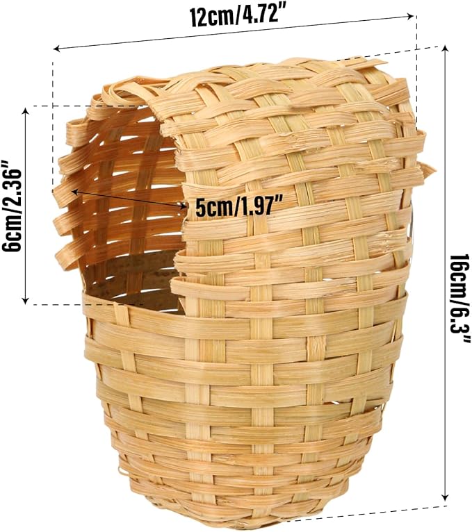 Finch Nests for Cages - Small Bird Nest with Metal Hook, Hand-Woven Box Natural Bamboo Cage Accessories, Hut Toy Hanging Shelter Warm Bird Houses, Handmade Hideout House, Outdoor Balcony Art Crafts