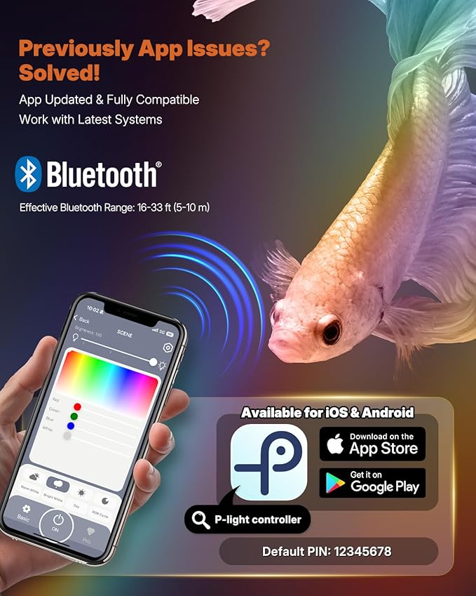 Pawfly 6W Smart Bluetooth Fish Tank Clip Light, Full Spectrum LED Aquatic Light with 24-Hour Cycle Timer & Variable Brightness, USB Supply for 1-5Gal Small Tanks (Adapter Not Included)