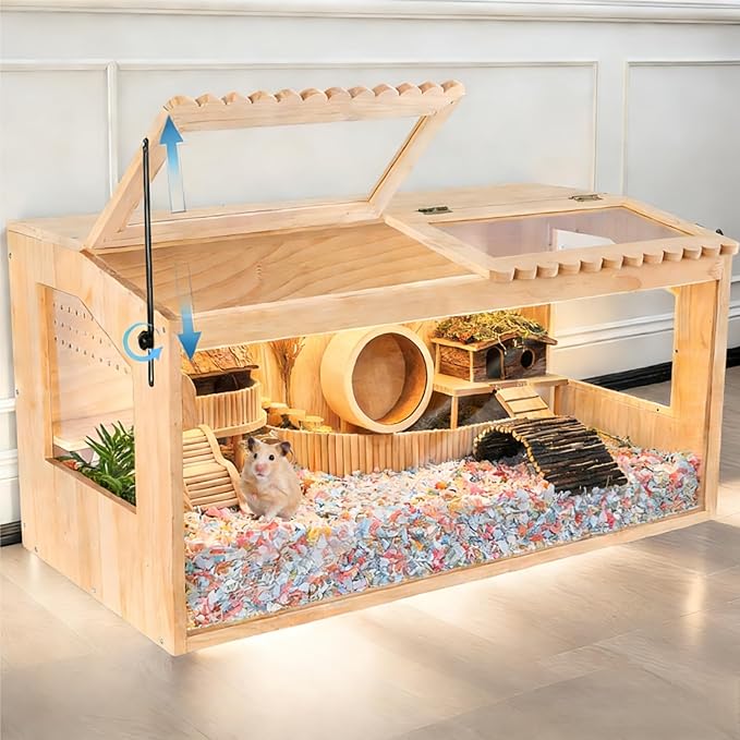Wooden Hamster Cage,40" Lx20 Wx16 H,Large Hamster Cage,2 Washable Liners & 2 Adjustable Ventilation Window. Small Animal Cage for Dwarf Syrian Hamsters Degus Mice & Other Small Pets.