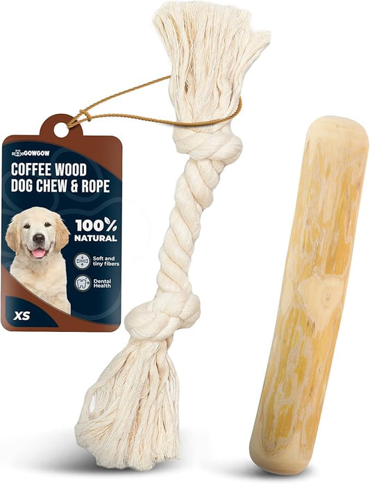 Coffee Wood Dog Chew Sticks 6.5" & Dog Rope Toys for Puppy - 100% Natural Puppy Chew for Teething, Organic Wood Stick - Size XS