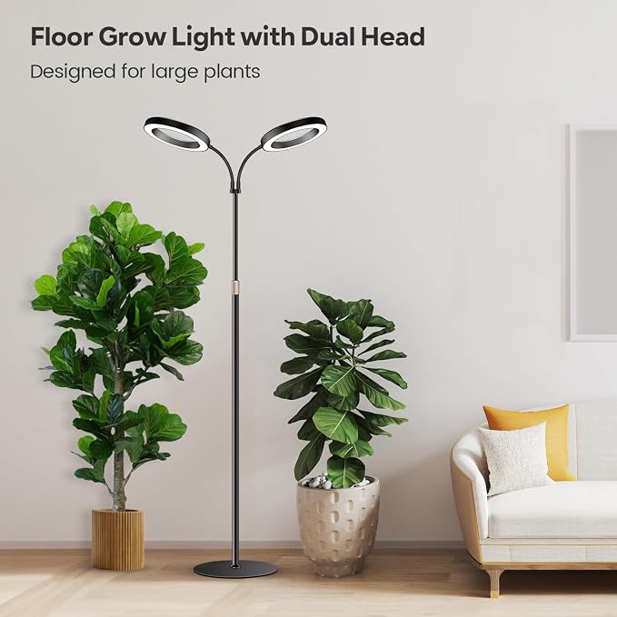 Halo Grow Lights, Dual-Head 6000K LED Floor Plant Light with Base | Full Spectrum 168LEDs Grow Lamp, 3 Color Modes, Timer 6/12/16H, 5 Dimmable Levels, 67'' Adjustable Height, Gooseneck