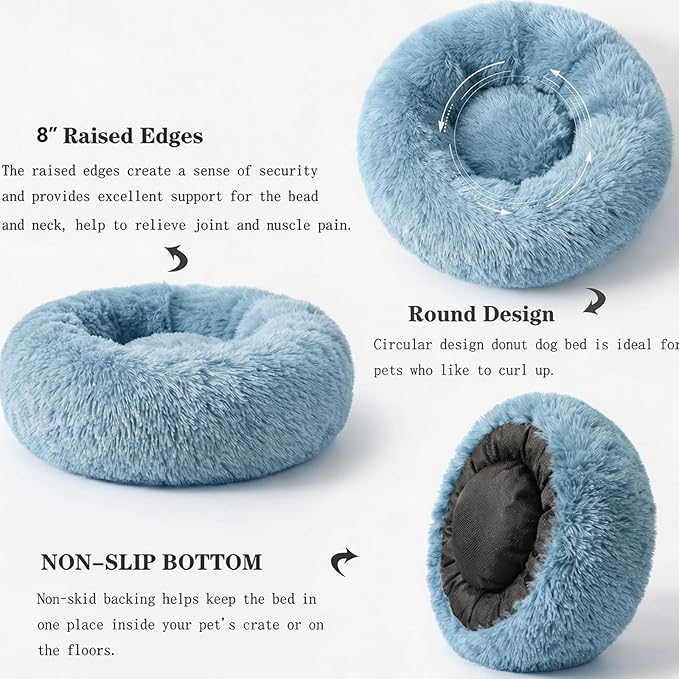 Calming Donut Dogs Beds for Small Dogs Washable,28inch Plush Round Pet Bed for Cozy Sleep,Fluffy Faux Fur Large Cat Bed,Fits up to 30 lbs Pets,Washed Blue