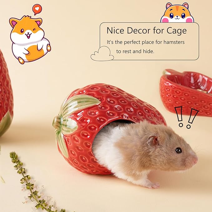 Ceramic Hamster Hideout,Strawberry Dwarf Hamster House,Guinea Pig Habitat Decor, Hideaway House for Gerbil, Cool Bed for All Season(Red)
