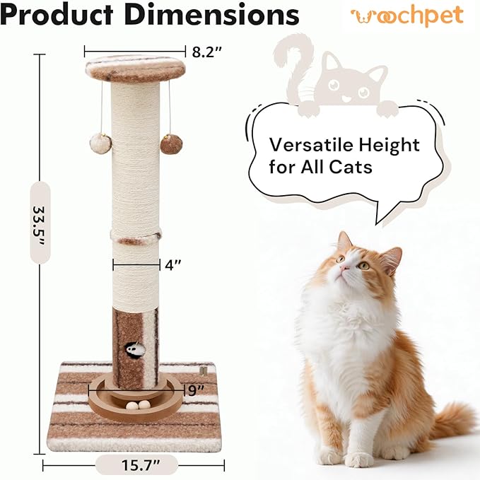 Woochpet 34inches Tall Cat Scratching Post with Cat Ball Track Toy Heavy Duty and Thicker Large Diameter Natural Sisal Cat Scratcher Post for Large Cats and Small Cats Protect Your Furniture