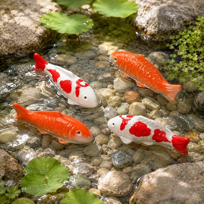 Garneck 4pcs Koi Fish Decor Floating Ceramic: Aquarium Ornaments Figurines for Tank Bowl Pond Desktop Water Feature Garden Pool Red Orange White Statue Accessories Display