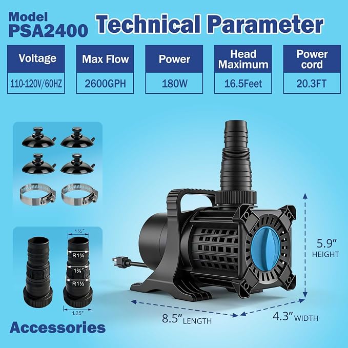 Pond Pump, 2400 GPH Adjustable Flow Submersible Water Pump with Filter Bag, UL Listed Copper Motor, IPX8 Waterproof 20.3ft Cord for Koi Pond, Fountain, Waterfall, Hydroponics, Irrigation