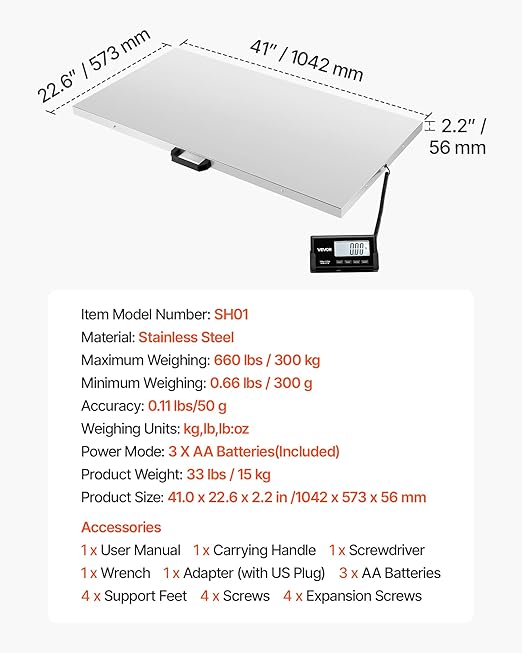 VEVOR Digital Shipping Scale, 0.1 lbs High Accuracy, 660 lbs Postal Scale with LCD Display, Hold/Tare Function & AC/DC Power Supply, Fit for Packages, Postage, Luggage, Battery & Adapter Included