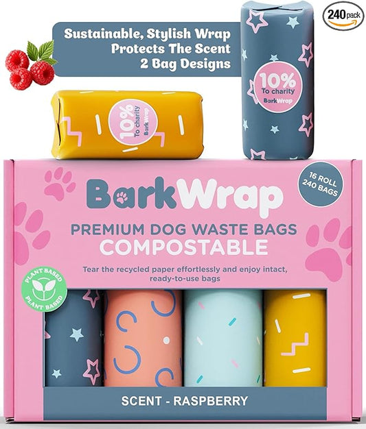 Biodegradable Compostable Dog Poop Bags Rolls – 240 Raspberry Scented Bag Extra Thick Plant Based Leak-Proof Dog Waste Bags, Easy Open, Certified Home Compostable Earth Friendly 10% To Charity