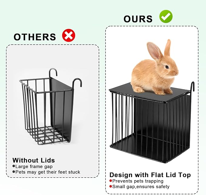 Upgraded Hay Rack for Rabbits, Bunny Feeder for Guinea Pigs Chinchillas, Black, Hanging Hay Feeder with Lid, Bunny Feeding Holder, Metal, Square, Chinchilla Cage Accessories