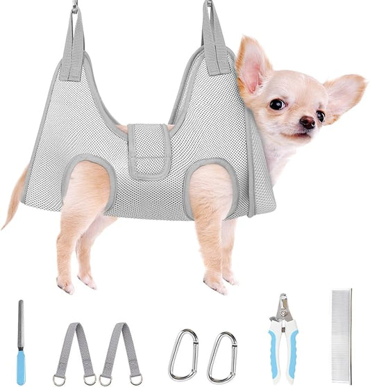 Supet Dog Grooming Hammock for Small Dogs, Dog Hanging Harness for Nail Trimming Doorframe, Pet Holder Restraint for Clipping Nails, Pet Hoist Sling for Cutting Nails at Home (Grey 2XS)