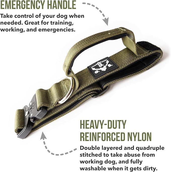 Operation Good Boy Tactical Dog Collar – Heavy Duty Military-Grade Nylon with Quick Release Buckle & Training Handle – Adjustable for Medium and Large Dogs (Green)