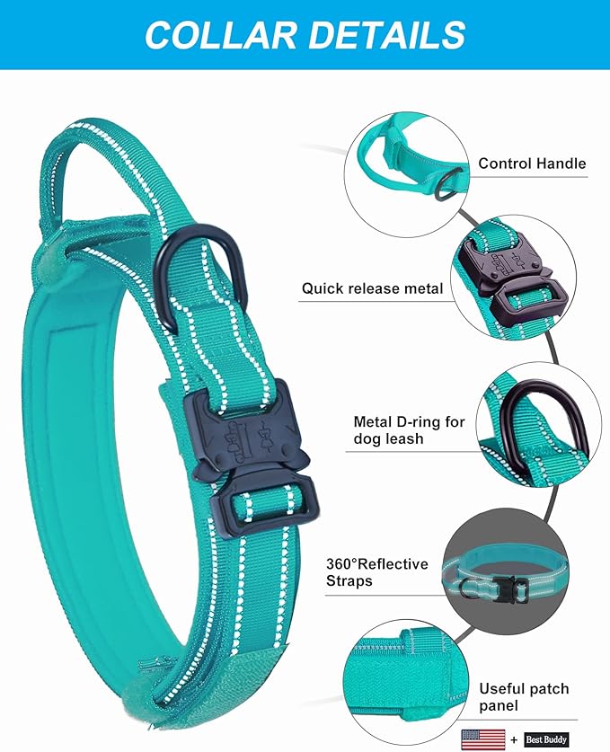 AUBELL Reflective Tactical Dog Collar,Adjustable Military Heavy Duty K9 Collars with Handle and Quick Release Metal Buckle Great for Medium Dogs, with Airtag Case and 2 Patches (Teal,M)