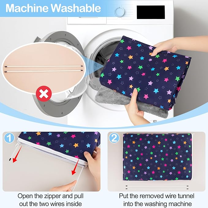 Glittme Guinea Pig Hideout with Curtain and Tunnel - Soft Bed with Cushion - Suitable for Guinea Pig, Hamster, Chinchilla, Bunny - Blue Stars