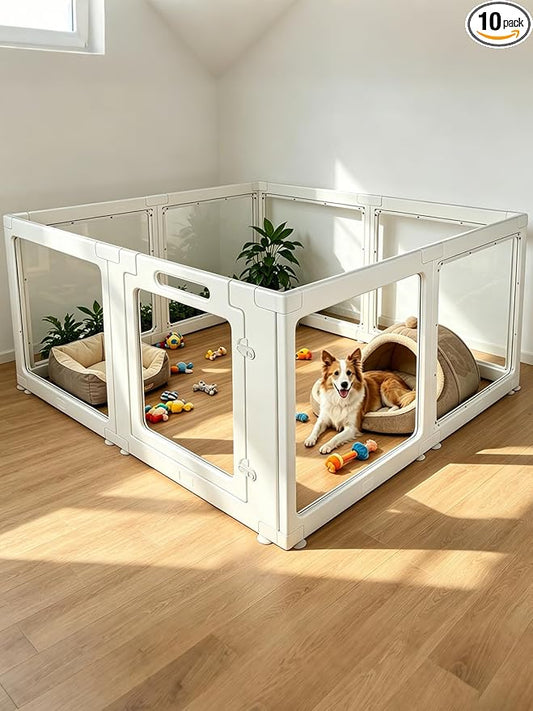 Clear Acrylic Dog Playpen Indoor, Pet Play Pen for Small Dogs Cats Rabbits, 23 Inch-H Pet Fence Crate Kennel Whelping Cage, Easy Assemble, White (10)