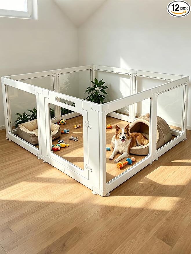 Clear Acrylic Dog Playpen Indoor, Pet Play Pen for Small Dogs Cats Rabbits, 23 Inch-H Pet Fence Crate Kennel Whelping Cage, Easy Assemble, White (12)