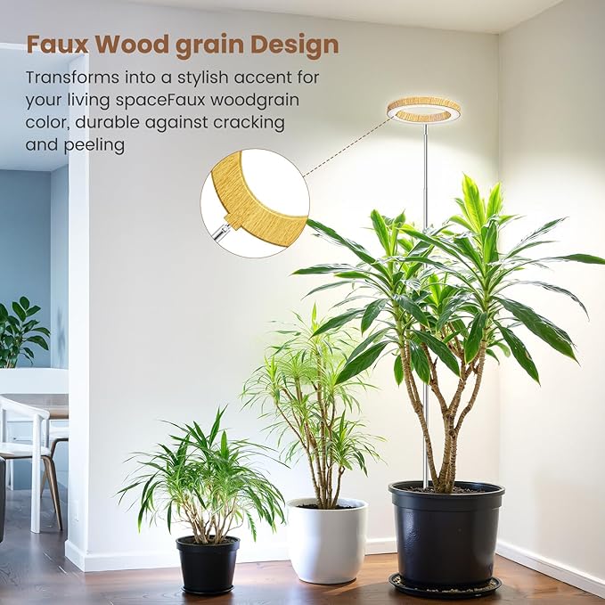 Aokrean Grow Lights for Indoor Plants, Full Spectrum Plant Lights for Indoor Growing, Height Adjustable 10"-65" Faux Wood Grain Grow Lamp with 6/12/16H Timer, 3 Optional Spectrums, 5 Brightness