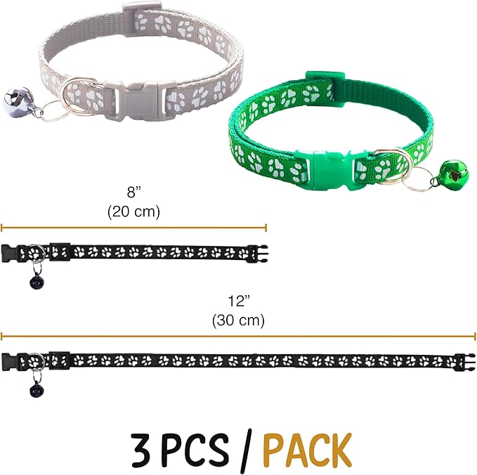 Vila Cat Collar with Bell, Reflective Adjustable Kitten Collar 7.5–12.5 Inches, Breakaway Safety Buckle, Lightweight Nylon Collar for Cats & Small Pets, 3-Pack (Green, Gray, Black)