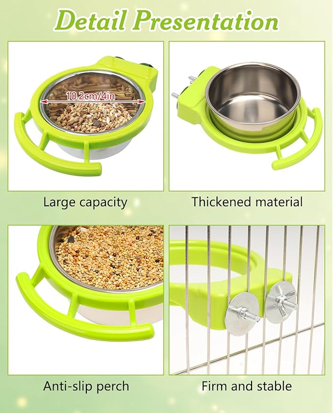 BNOSDM Hanging Stainless Steel Bird Bowls 4 PCS Bird Feeding Dish Cups with Perch Stand Birds Food Container Food and Water Bowls with Spoon for Budgie Cockatoo Finch Lovebirds Pigeons (Green)