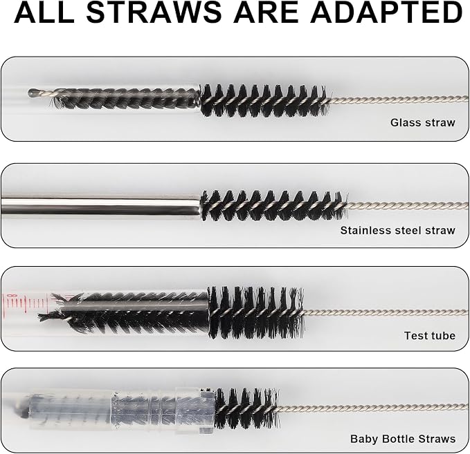 Ixiaoyoo 12 Pcs Straw Cleaner Brushes Set, 8.2 Inch Nylon Cleaning Brush | Black Tube Cleaner Brushes for Tumbler, Sippy Cup, Water Bottles, Hummingbird Feeders, Pipes, Sink Drain & Pet Waterers