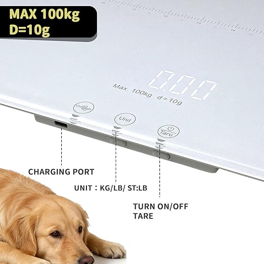 Digital Pet Scale for Dogs and Cats, Large Dog Scale,Max 220lbs,Rechargeable Version, 3 Weighing Modes lbs,kg,st,Precision 10g, 27.16×12.99 Inches