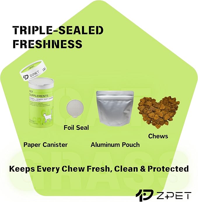 ZPET Hairball Remedy Soft Chews for Cats – Cat Grass Formula with Olive Oil, Fiber & Taurine – Supports Hairball Control, Healthy Digestion & Daily Nutrition, 150g