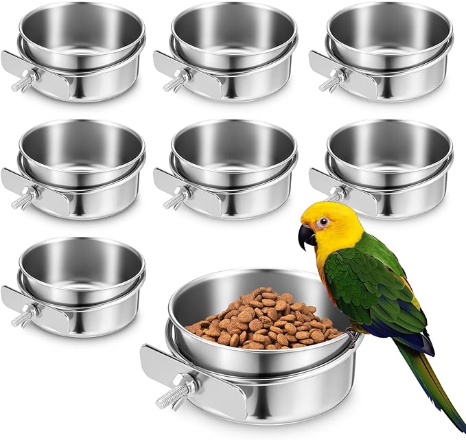 Kifmurase 8 PCS Stainless Steel Bird Food Bowls Water Bowl with Clamp Holder, Parrot Feeding Dish Cups Birds Feeders for Cage, Bird Food Water Bowls for Cockatiels Conure Budgie Parakeet