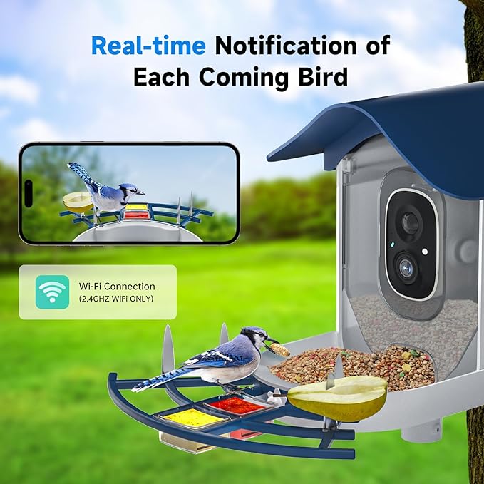 Smart Bird Feeder with Camera, 2K HD AI Identify Birds Species, Bi rd Watching Camera with Solar Panel, Instant Notifications, Ideal Present for Bird Lover, Dark Blue