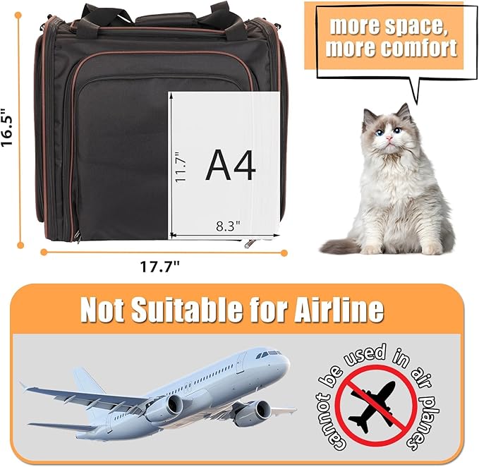 Large Cat Travel Carrier with Litter Box, 17.3"×13"×16" Expandable Cat Carrier for Car Travel, Soft Sided Pet Carrier for Cats/Puppies up to 25lbs, Black