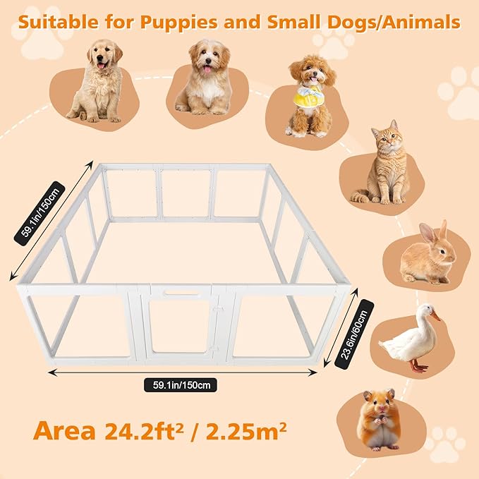 Clear Acrylic Plastic Dog Playpen with Door, 23.6"H Transparent DIY Puppy Cat Pet Play Pen, Modular Fence for Dog, Cat, Pig, Rabbit, Ferret, Easy Assemble Dog House Crate Kennel Whelping Cage