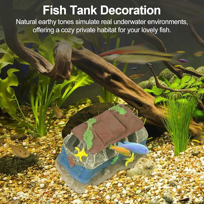 Virekm Resin Rock Cave Hideouts for Fish Tank Aquarium Decor | Safe Natural Design Aquarium Ornaments for Betta, Goldfish, Shrimp, Easy To Clean Tank Landscape Decor (School Bus)