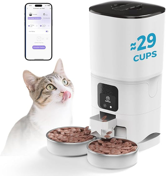 PAPIFEED Automatic Cat Feeder 2 Cats, 2.4G WiFi Cat Food Dispenser with App, 7L Timed Cat Feeder for Dry Food, 10 Meals/Day, 12 Portions/Meal, Smart Pet Feeder for Small Dog, White