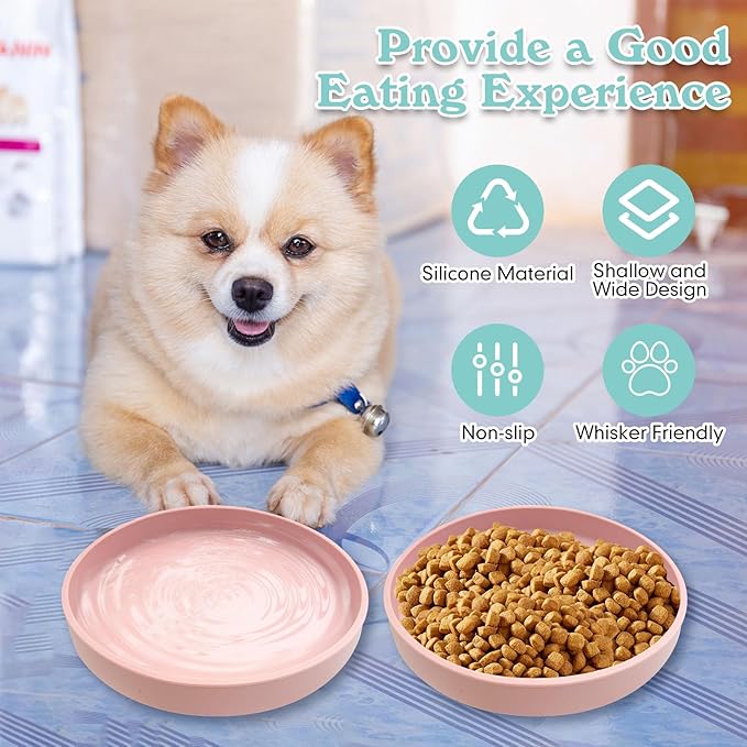 Silicone Dog Bowl Shallow Cat Food Bowls 7" Wide Puppy Plates Whisker Fatigue Pet Feeding Dishes Set of 2 for Dry Food and Wet Food Indoor (Round Pink)