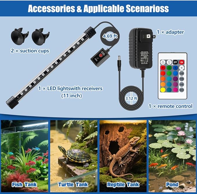 LED Aquarium Light with IP68 Waterproof and Memory Function Submersible Fish Tank Light with Remote and 16 Colors 11 Inches Brightness Adjustable Underwater Light Bar for Fish Tank Aquarium