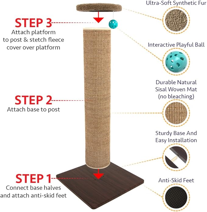 Kitty City Tall Sisal Cat Scratching Post, 32” Durable Scratcher with Sturdy Base & Hanging Jingle Toy, Easy Assembly, Furniture Protection for Indoor Cats - Brown