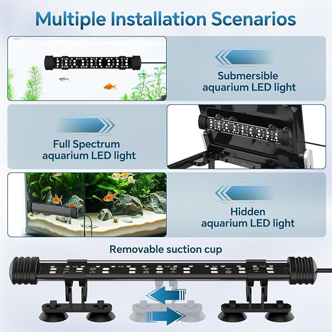 AQQA 26.97 Inch Submersible Aquarium Light, 24/7 Mode Fish Tank Light | 7 Adjustable Angles, 9 Color Options, 4 Rows Beads, Dimmable & Timer Control, IP68 Waterproof Full Spectrum Plant Light