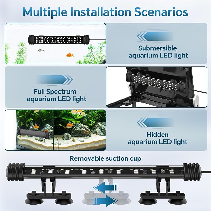 AQQA 19.09 Inch Submersible Aquarium Light, 24/7 Mode Fish Tank Light | 7 Adjustable Angles, 9 Color Options, 4 Rows Beads, Dimmable & Timer Control, IP68 Waterproof Full Spectrum Plant Light