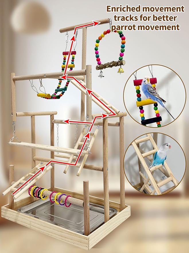 5 Layers Large Bird Playstand with Wheel, Natural Wood Parrot Playground, Parakeet Perch Stand Small Bird Playgym with Ladder Toy Accessories for Cockatiel Cockatoo Finch Budgie Lovebird