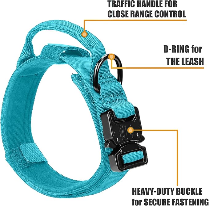 Celifelight Tactical Dog Collar Military Dog Collar Adjustable Nylon Dog Collar Heavy Duty Metal Buckle with Handle for Dog Training,with Patches(Light Blue 1, M), Medium