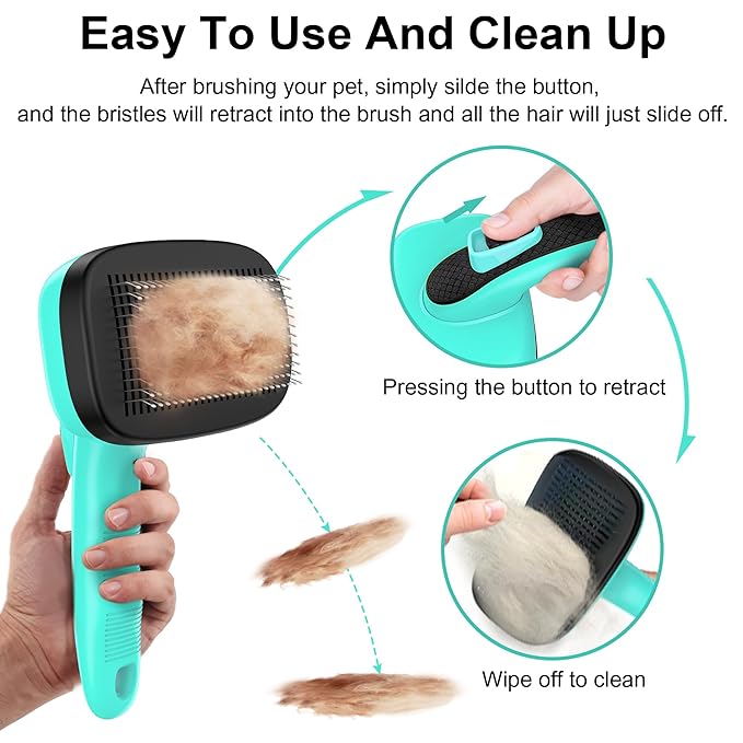 Self Cleaning Slicker Brush for Dog & Cats, Skin Friendly Deshedding Grooming Tool for Shedding Long and Short Haired Pets, Easy Clean Retractable Bristles, Green